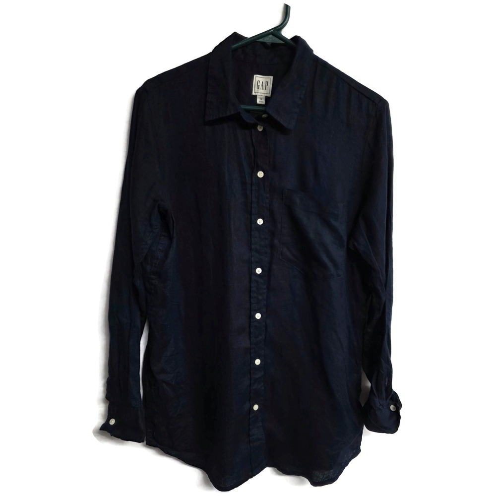 Gap Womens Navy Blue 100% Linen Long Sleeve Button Down Shirt Small